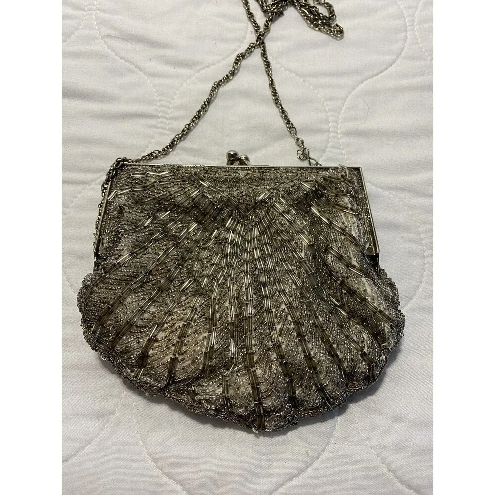 Cream, ivory mini beaded Clam Shell evening bag purse Snap Closure Chain Strap